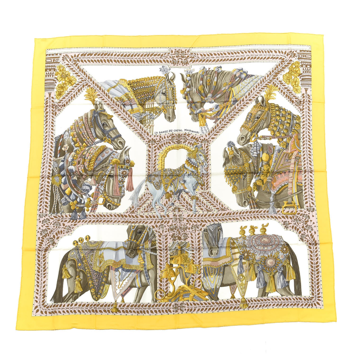 Hermes Cashmere Silk La Danse Du Cheval Marwari Shawl 140 Jaune Vif White Mauve 1 of 6