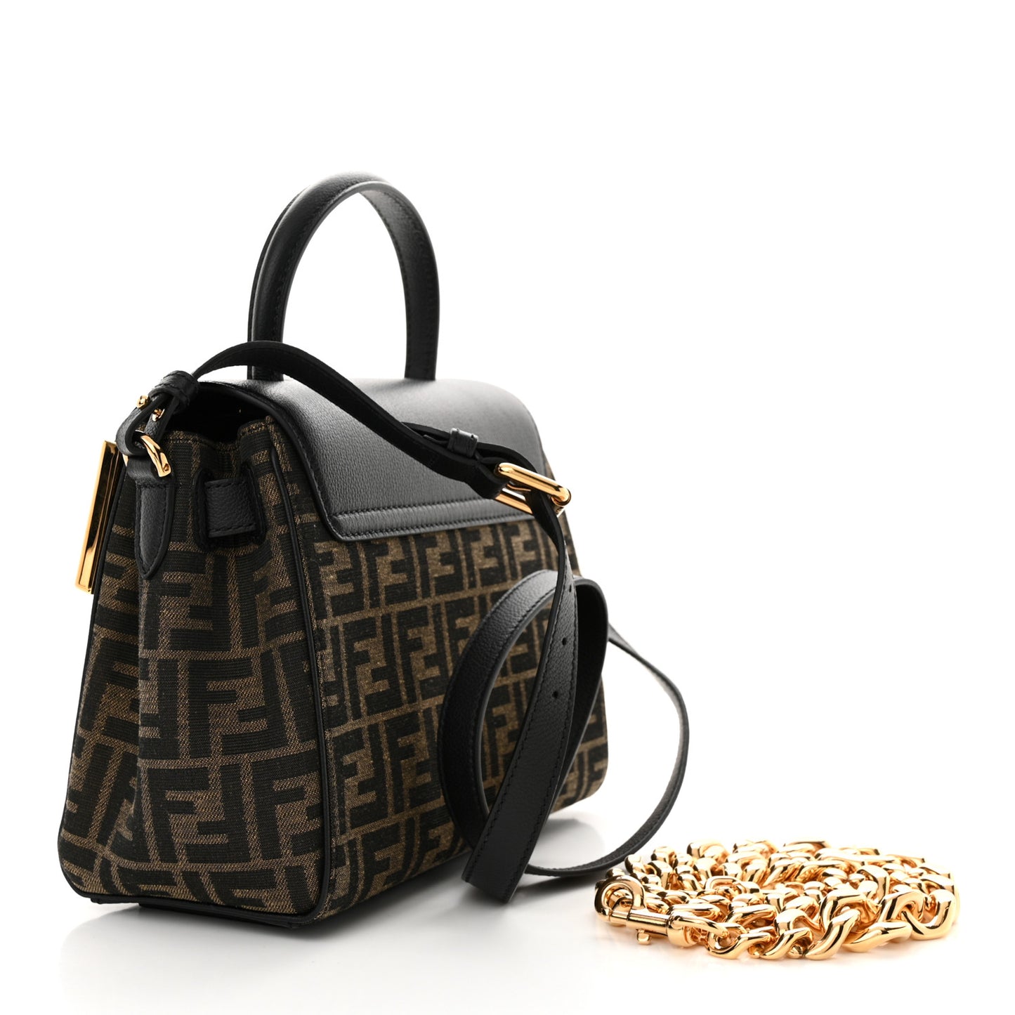 X FENDI Grained Calfskin Fendace Medium La Medusa Top Handle Bag Black Brown