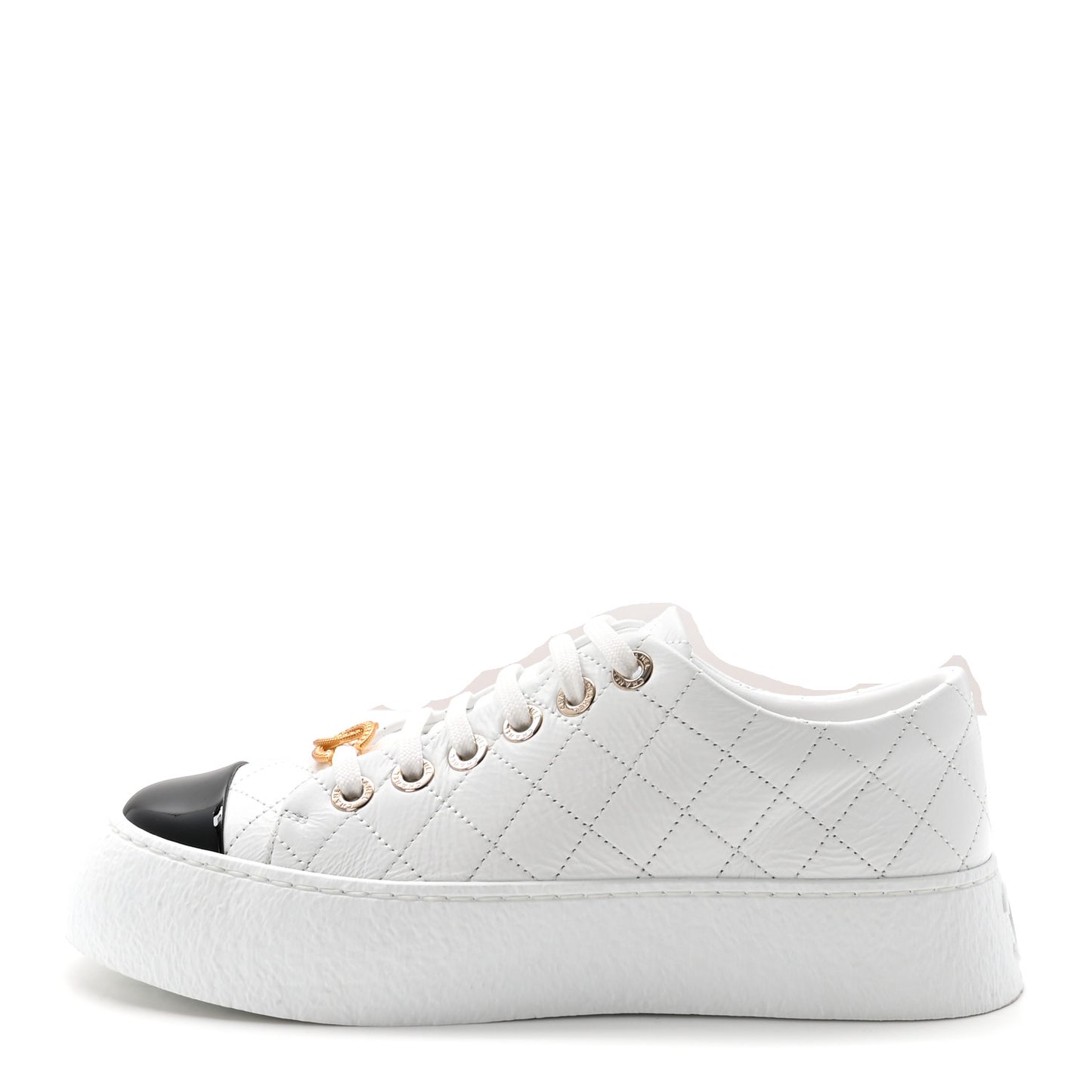 Crumpled Lambskin Patent Cap Toe CC Stitched Sneakers 37.5 White Black