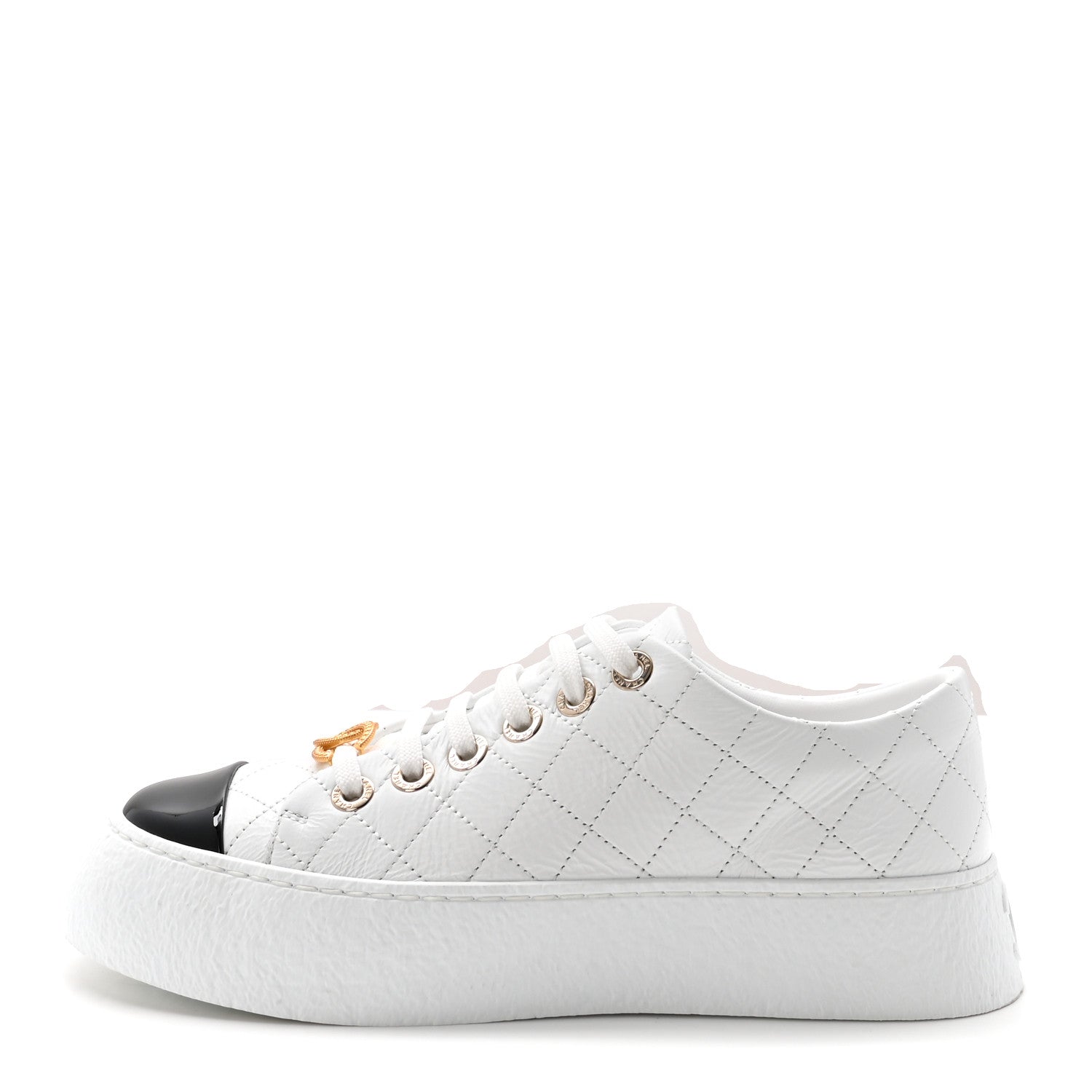 Chanel Crumpled Lambskin Patent Cap Toe CC Stitched Sneakers 37.5 White Black 1 of 10