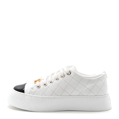 Chanel Crumpled Lambskin Patent Cap Toe CC Stitched Sneakers 37.5 White Black 1 of 10