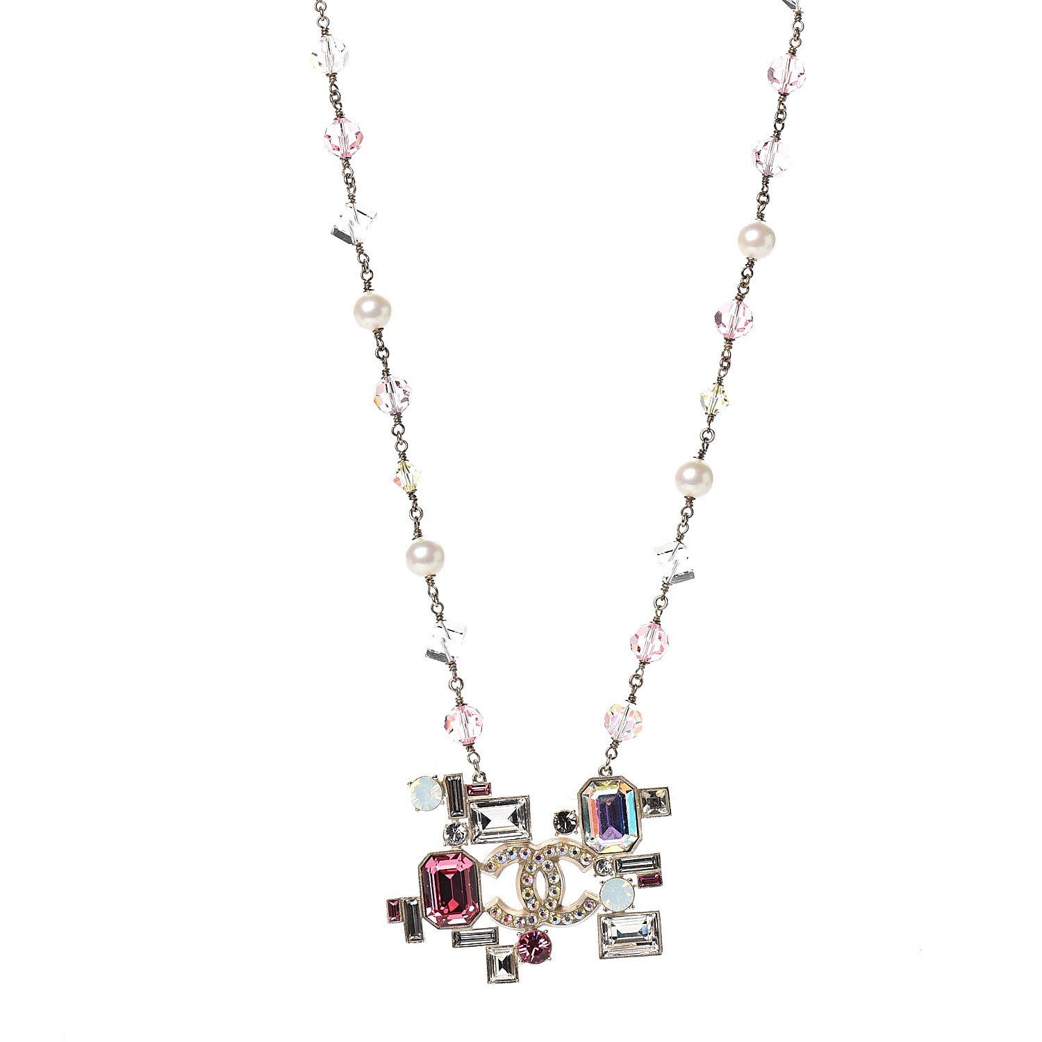 Chanel Crystal Strass CC Necklace Gold Pink 1 of 4