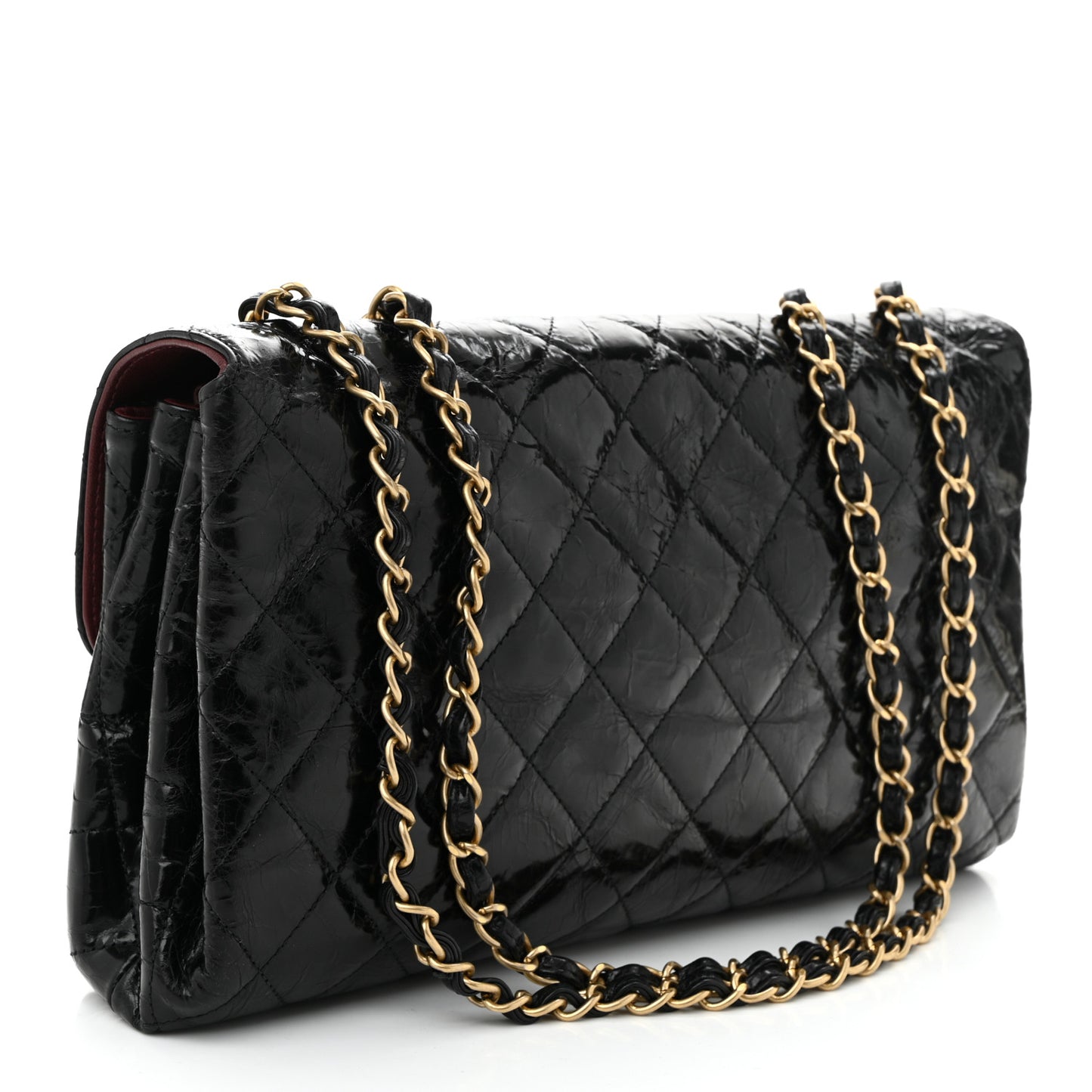 Glazed Crinkled Calfskin Quilted Flap Black