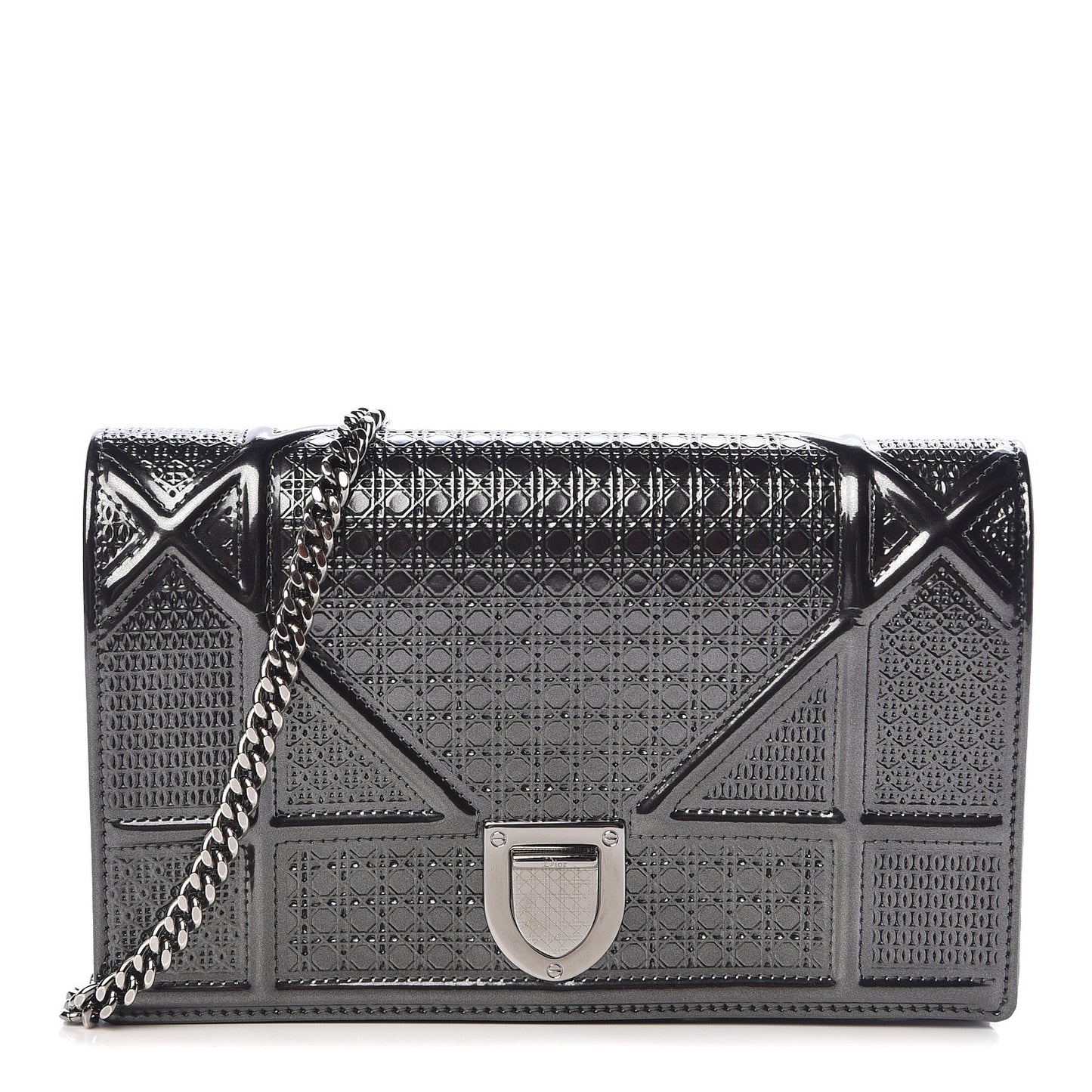 Metallic Patent Micro-Cannage Diorama Wallet on Chain Pouch Onyx Black
