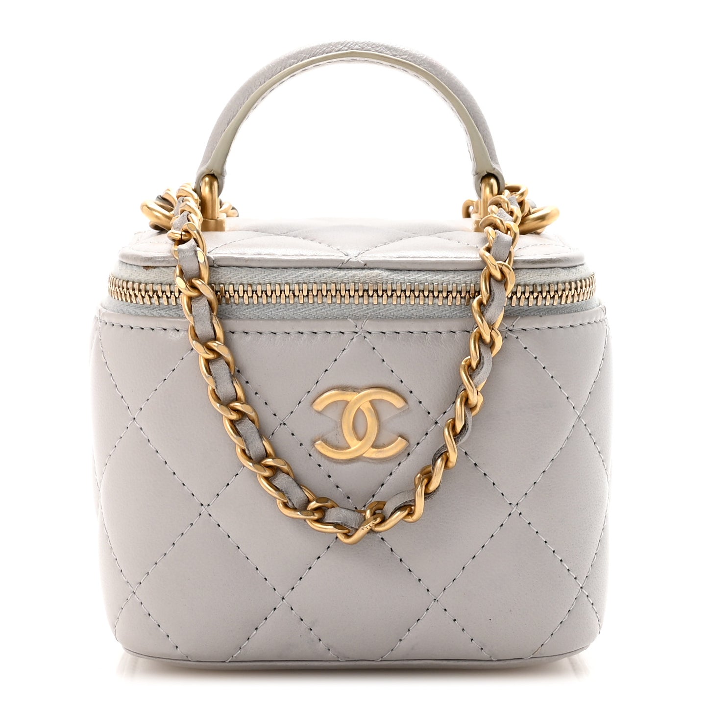 Lambskin Quilted Top Handle Mini Vanity Case With Chain Grey