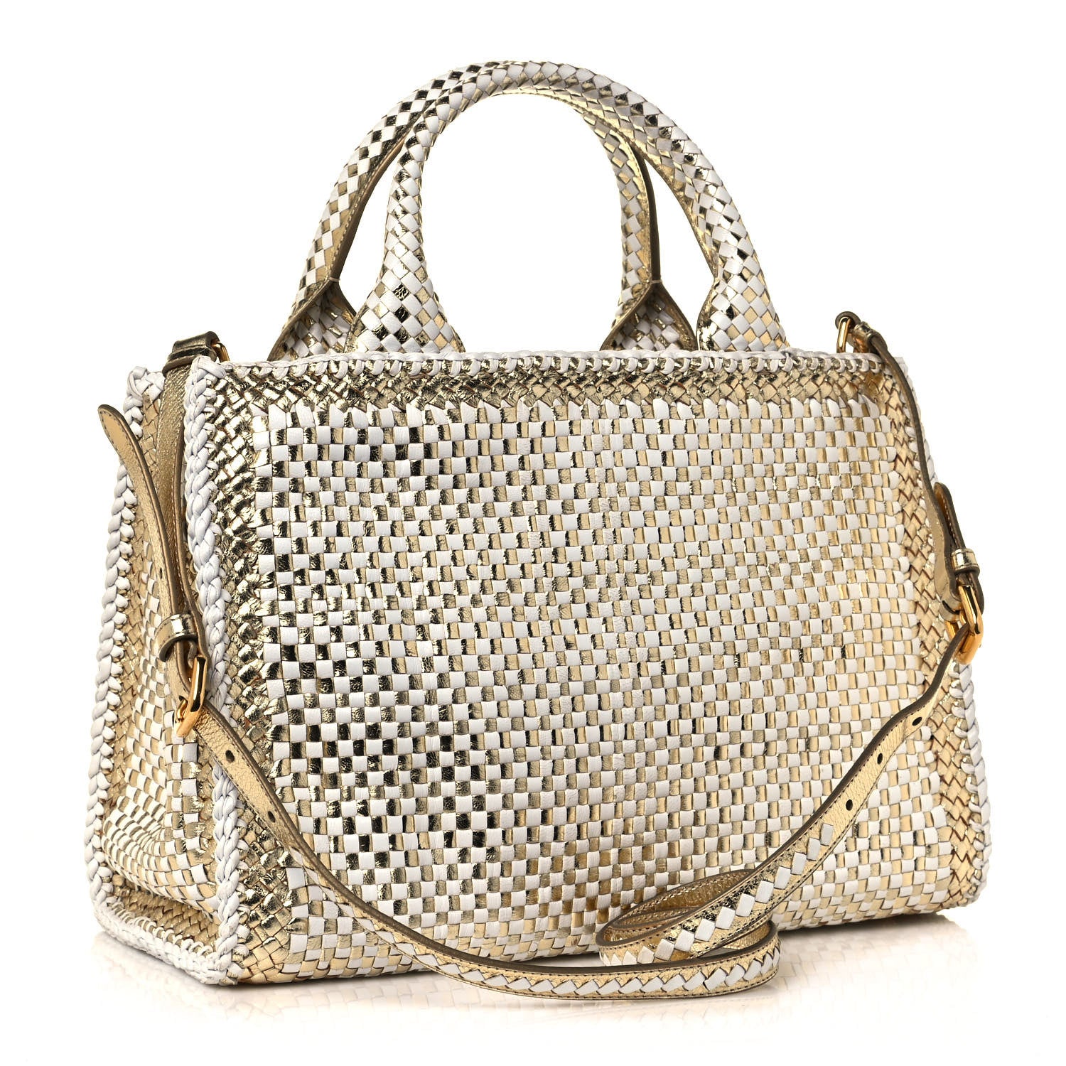 Prada Goatskin Woven Small Tote White Gold 3 of 12