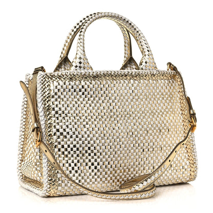 Prada Goatskin Woven Small Tote White Gold 3 of 12