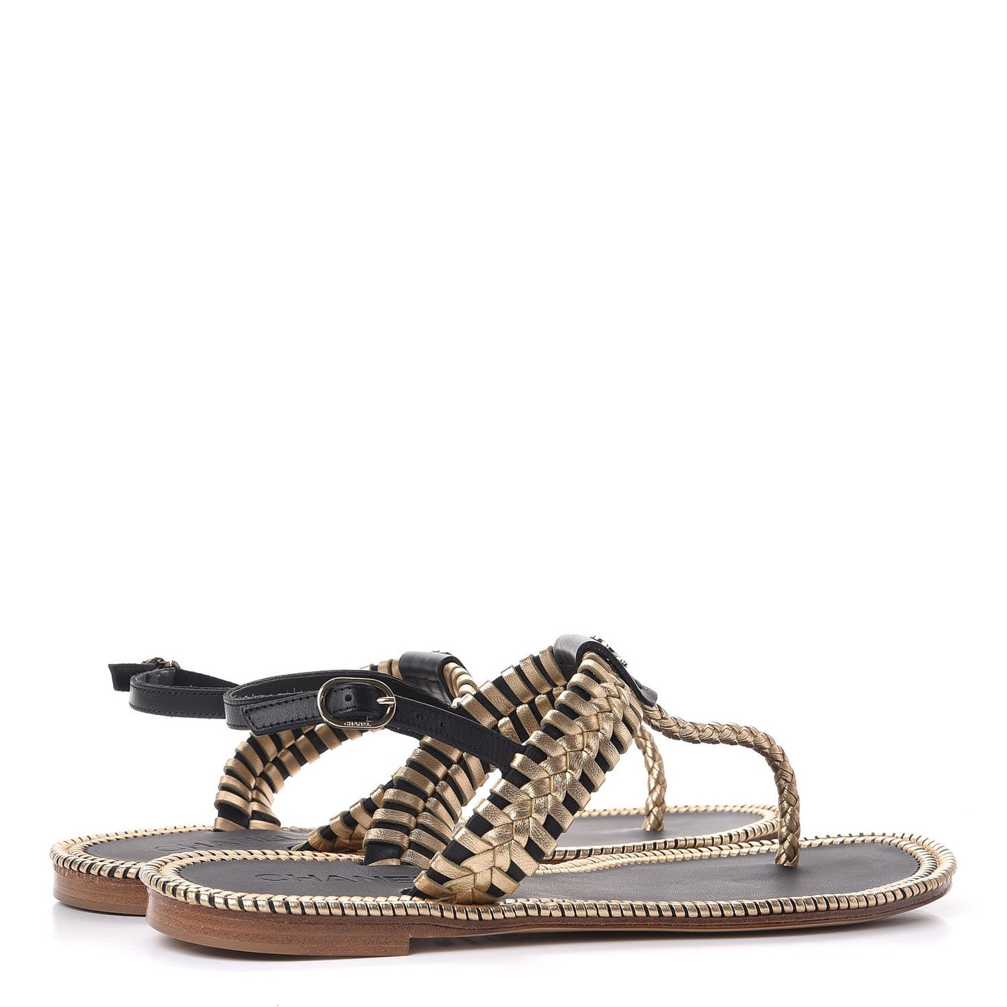 Metallic Lambskin Calfskin Braided Thong Sandals 40 Black Gold