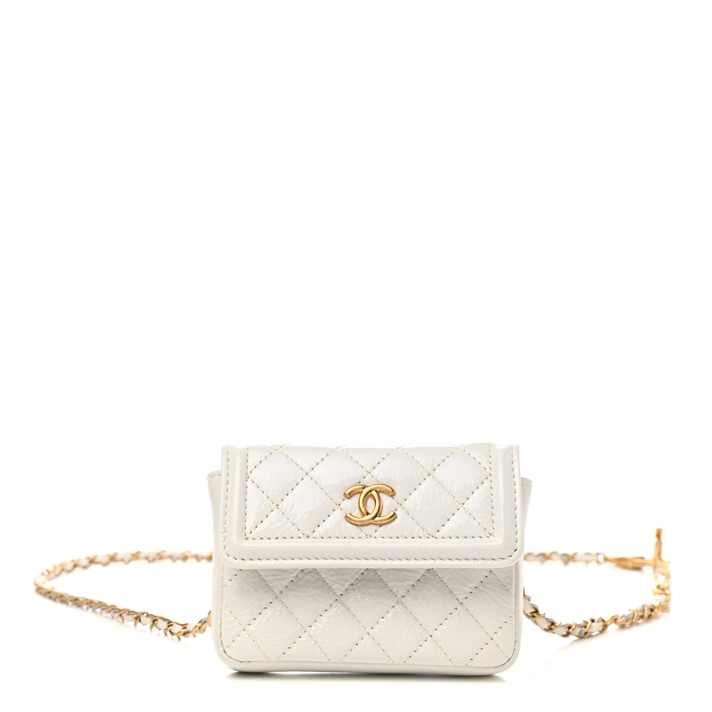 Shiny Aged Calfskin Quilted Waist Belt Bag White