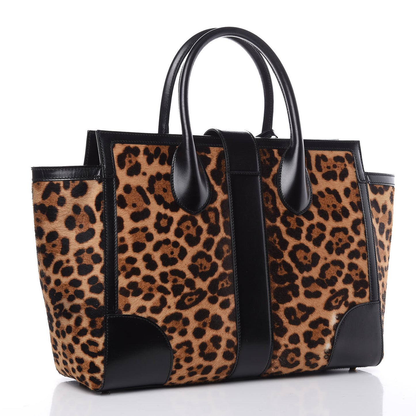 Pony Hair Jaguar Print Medium Lady Buckle Top Handle Bag Black