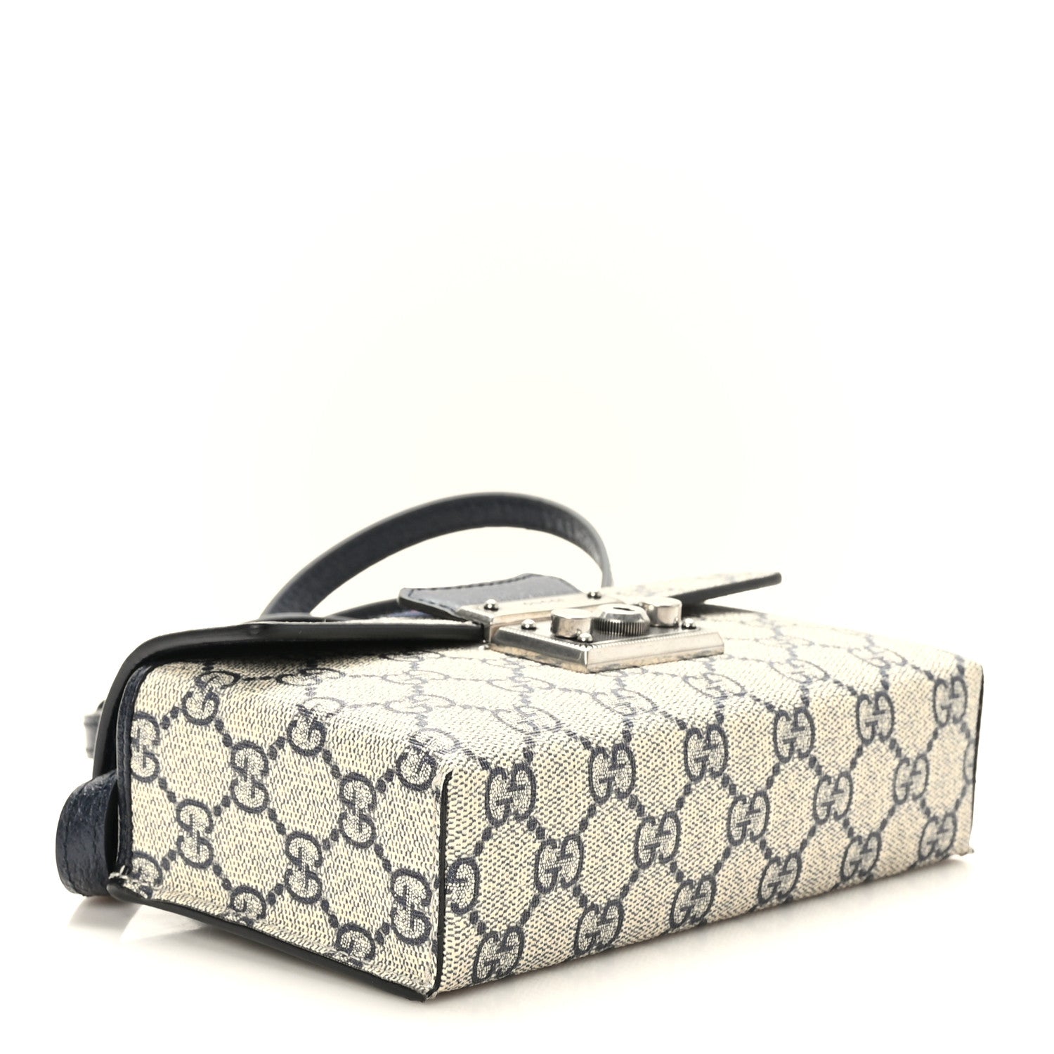 Gucci GG Supreme Monogram Textured Dollar Calfskin Web Mini Padlock Top Handle Shoulder Bag Beige Blue 4 of 9