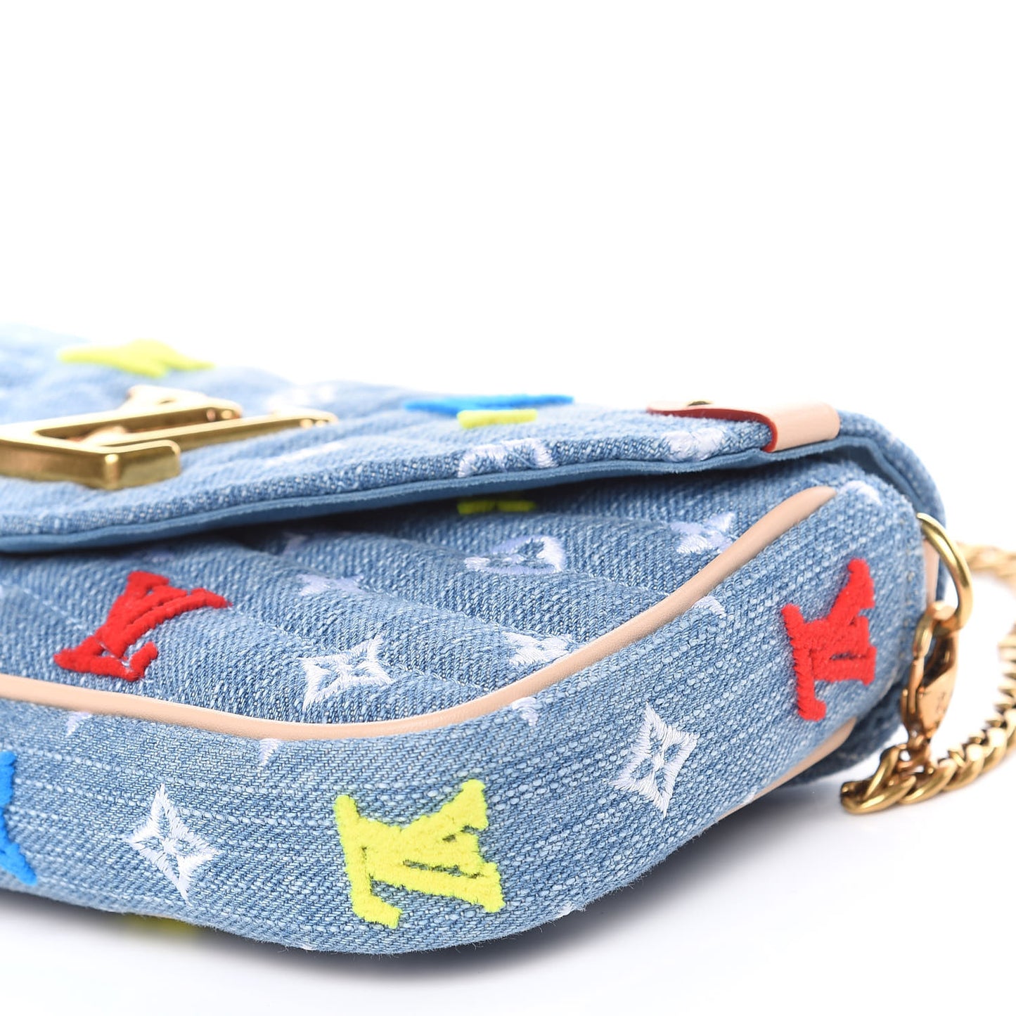 Embroidered Monogram Denim New Wave Chain Pochette Blue