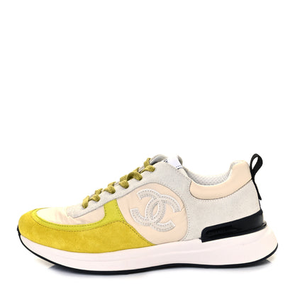 Chanel Nylon Calfskin Suede Womens CC Sneakers 39 Ivory Grey Yellow 1 of 8