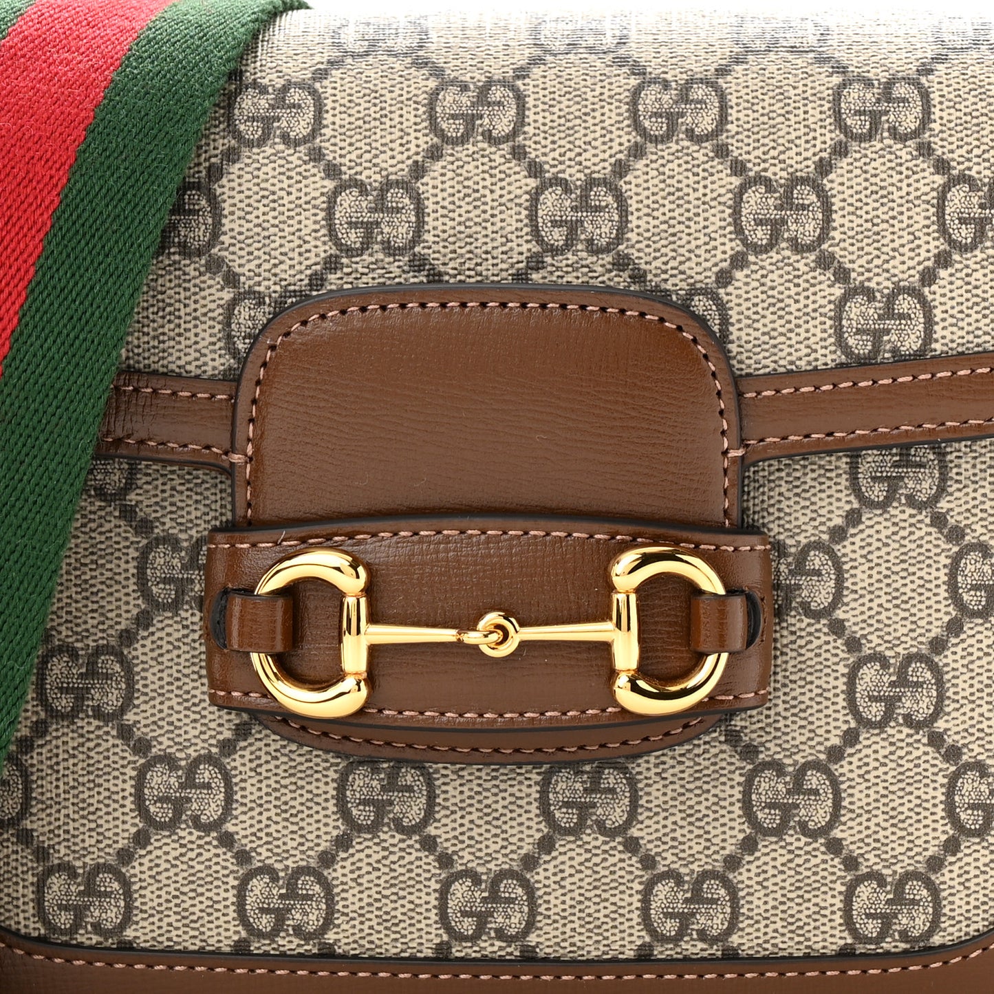 GG Supreme Monogram Azalea Calfskin Web Mini Horsebit 1955 Shoulder Bag Beige Ebony Brown Sugar