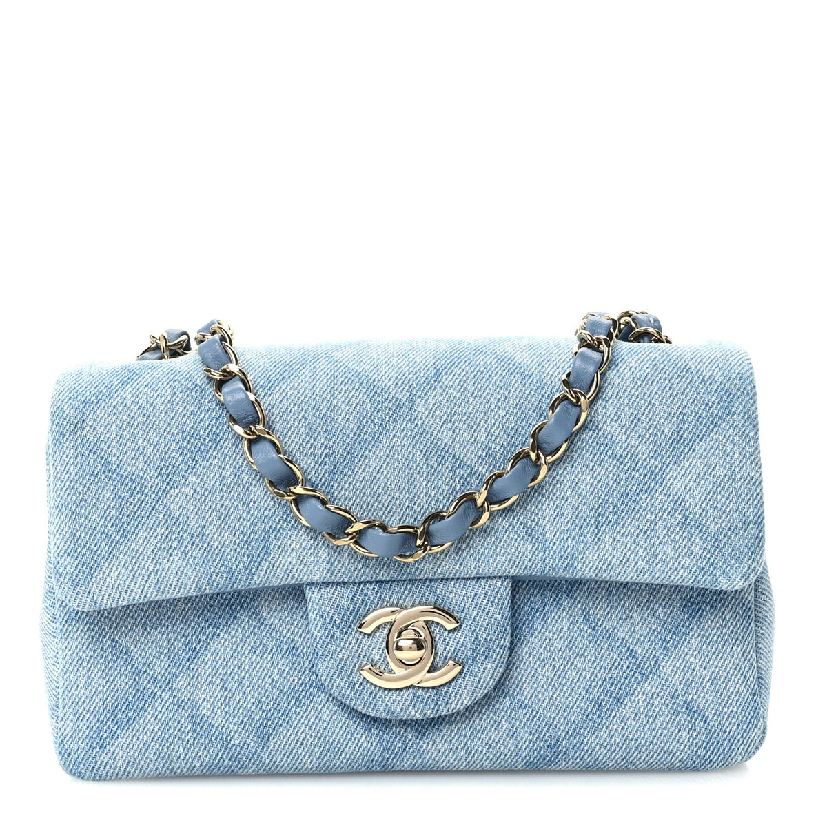 Printed Denim Quilted Mini Rectangular Flap Light Blue