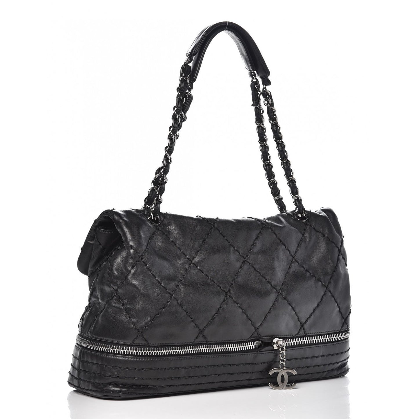 Calfskin Stitched Large Expandable Flap Bag Black