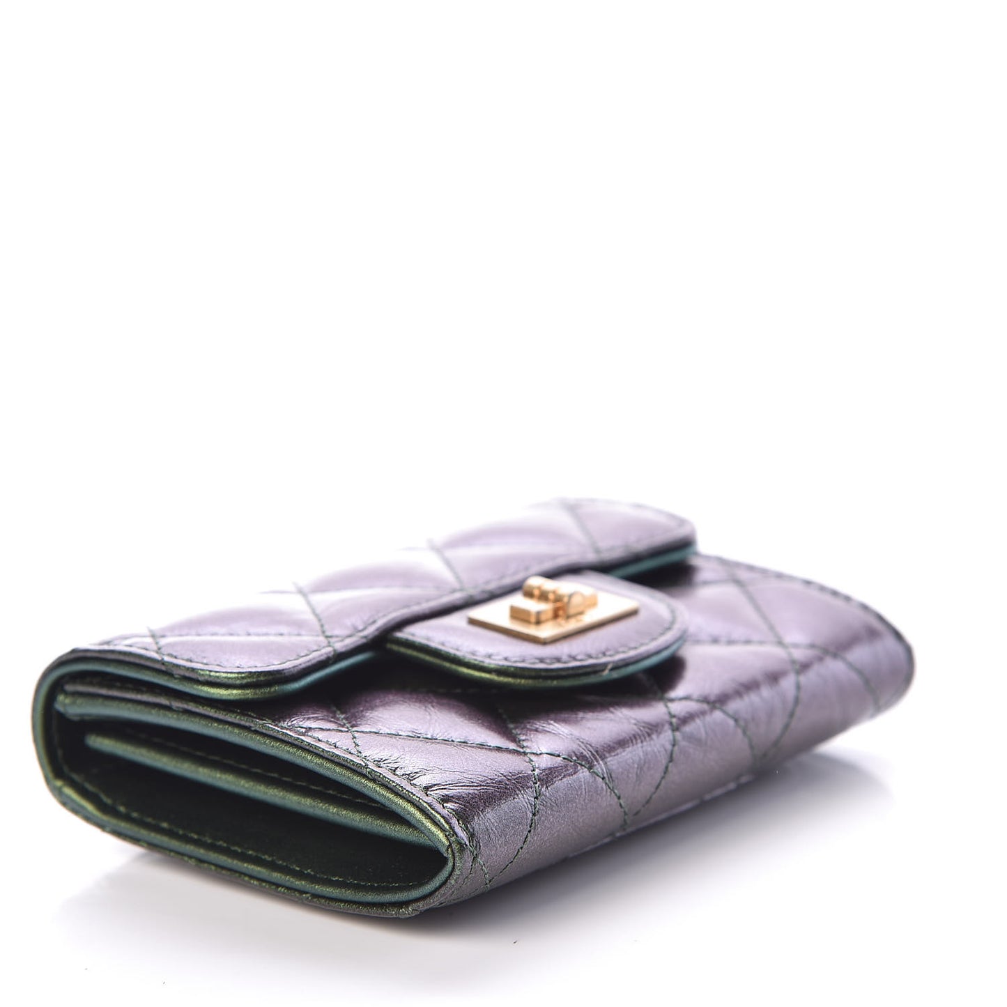 Glittered Aged Calfskin Quilted Reissue Flap Card Holder Wallet Holder Green