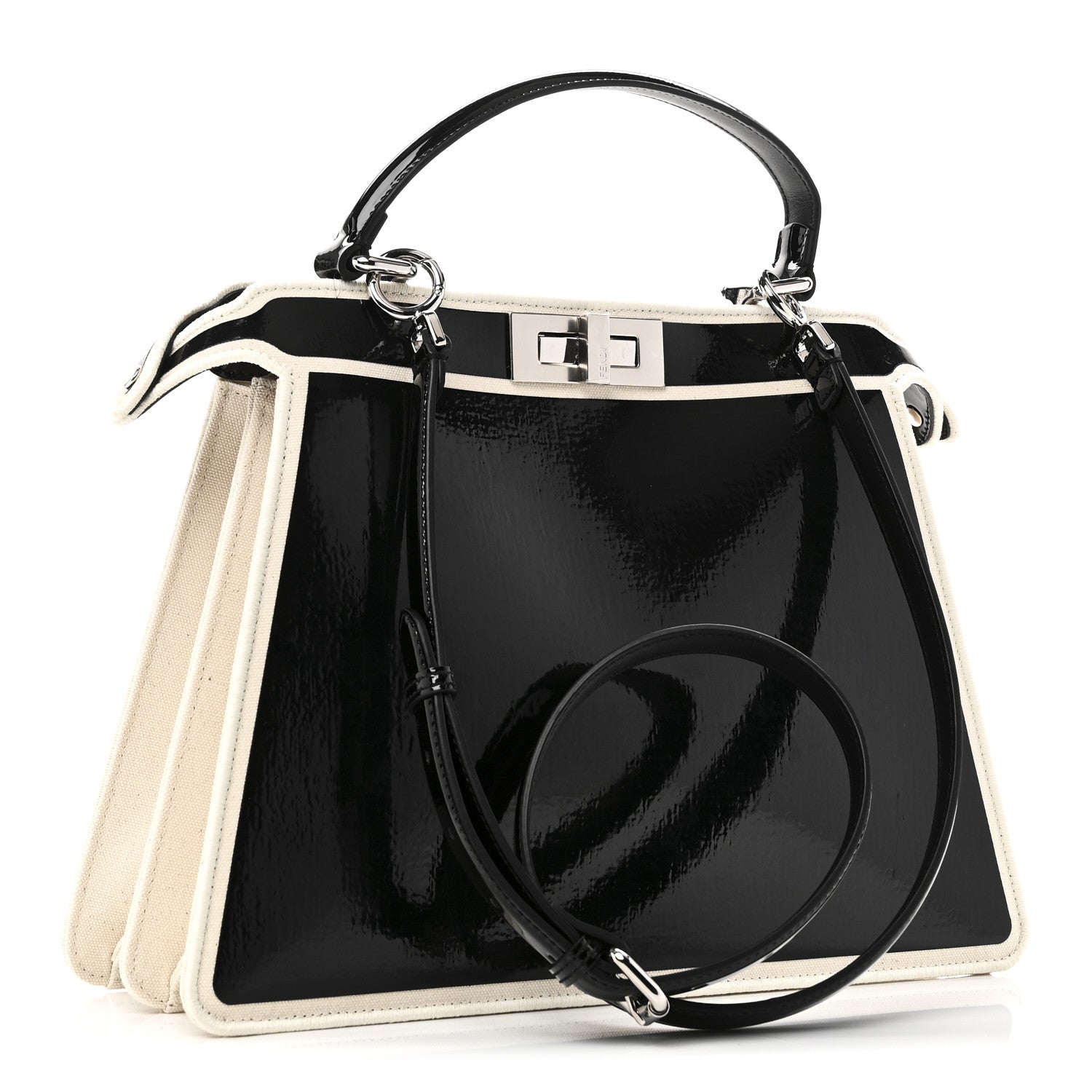 Fendi Canvas Spalmato Vernice Roses Medium Peekaboo I SEE U Satchel Black Grezzo 3 of 10
