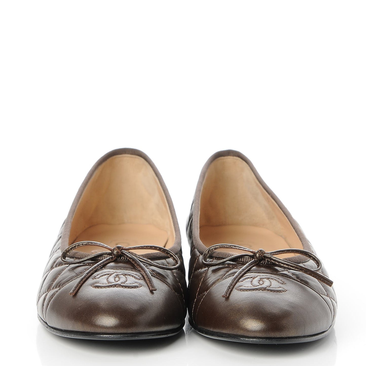 Metallic Aged Calfskin Quilted Cap Toe Ballerina Flats 40 Dark Brown