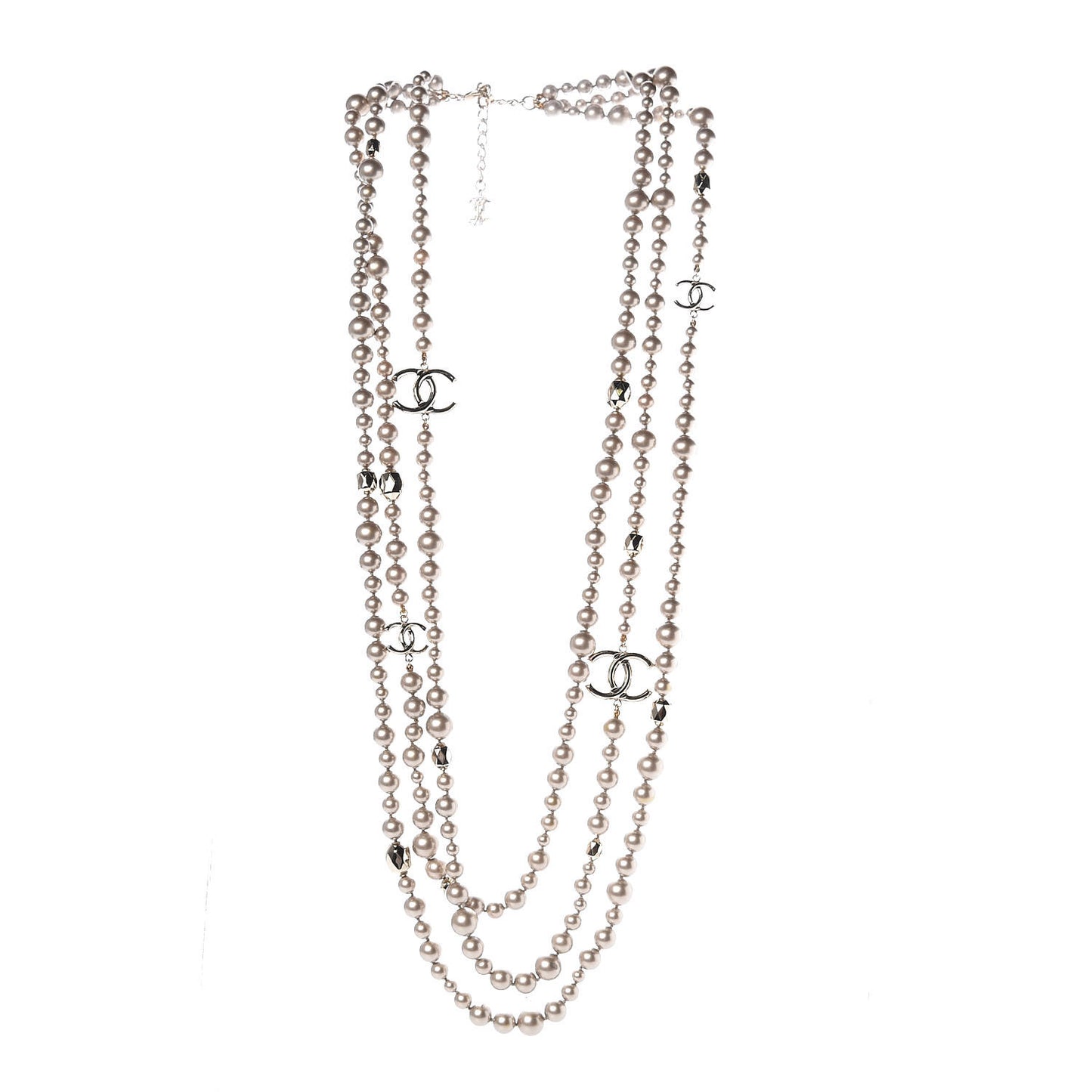 Pearl CC Multi Strand Long Necklace Golden Beige