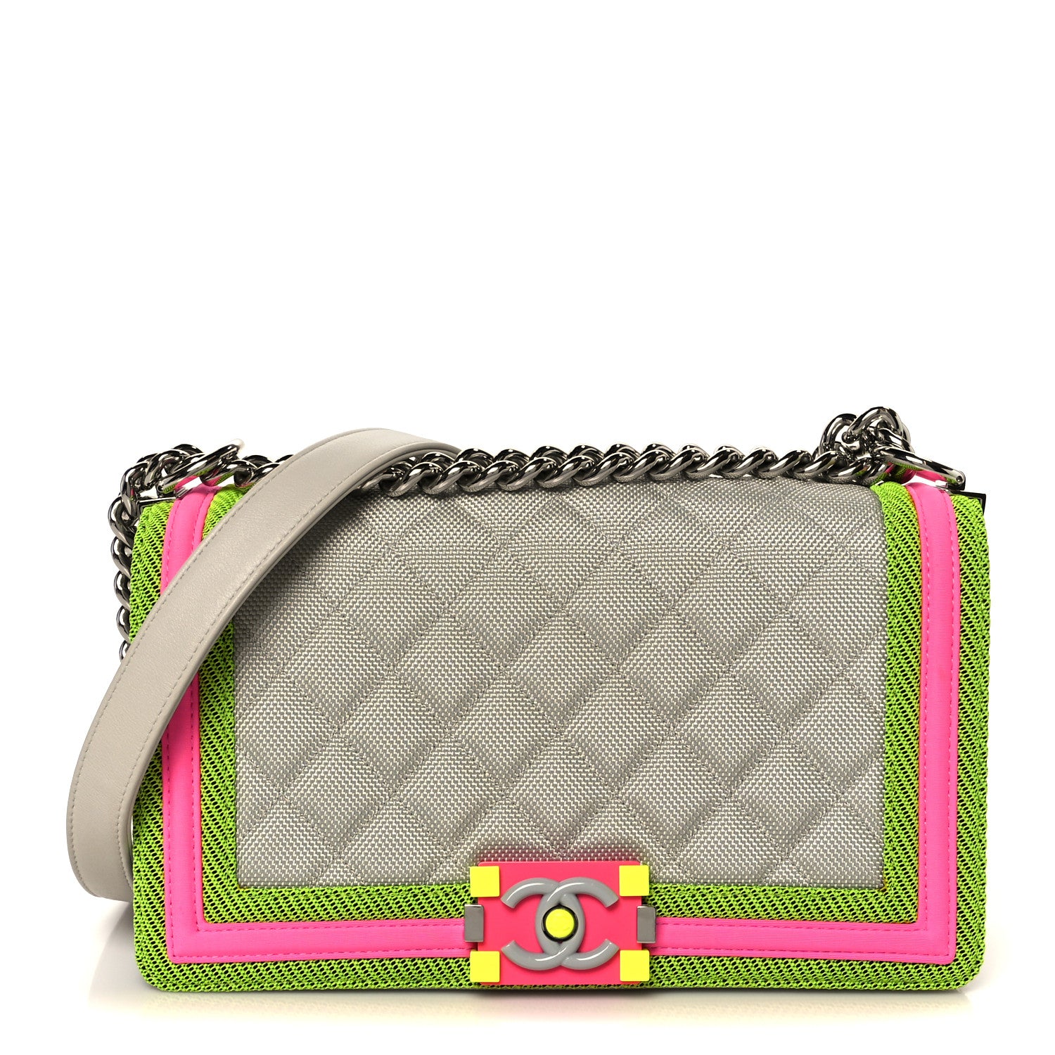 Chanel Canvas Quilted Medium Fluo Boy Flap Dark Grey Fuchsia Green 1 of 10