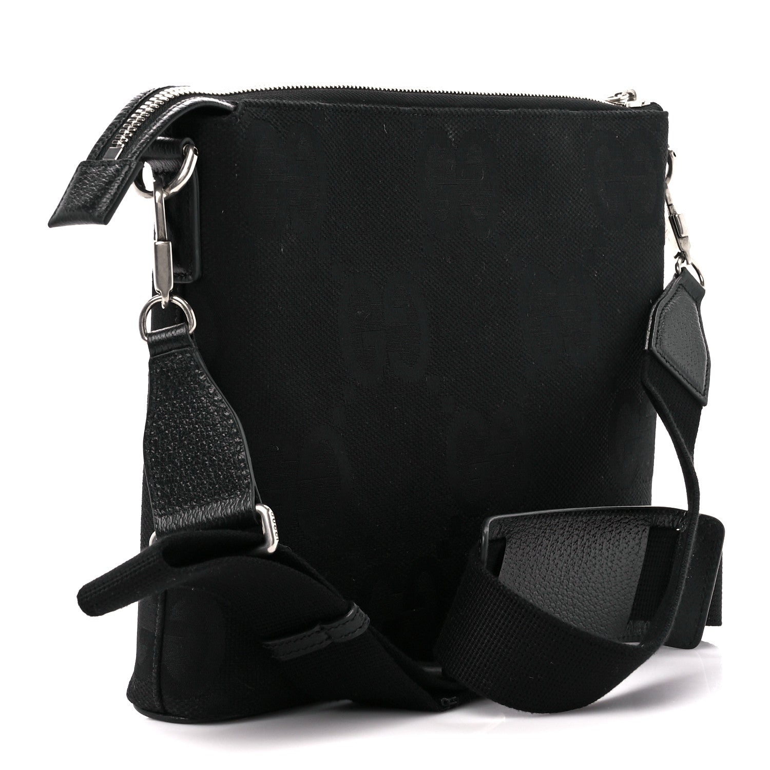 Gucci Monogram Jumbo GG Textured Dollar Calfskin Wristlet Messenger Bag Black 3 of 10