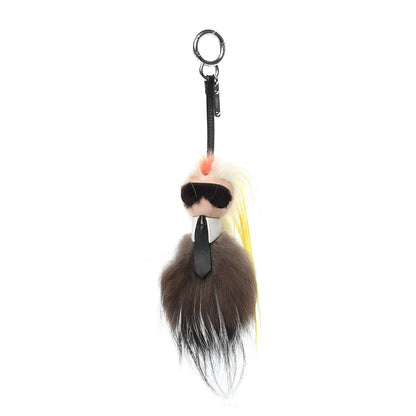 Fendi Fox Mink Goat Fur Mini Karlito Bag Charm White Black Flamingo 1 of 5