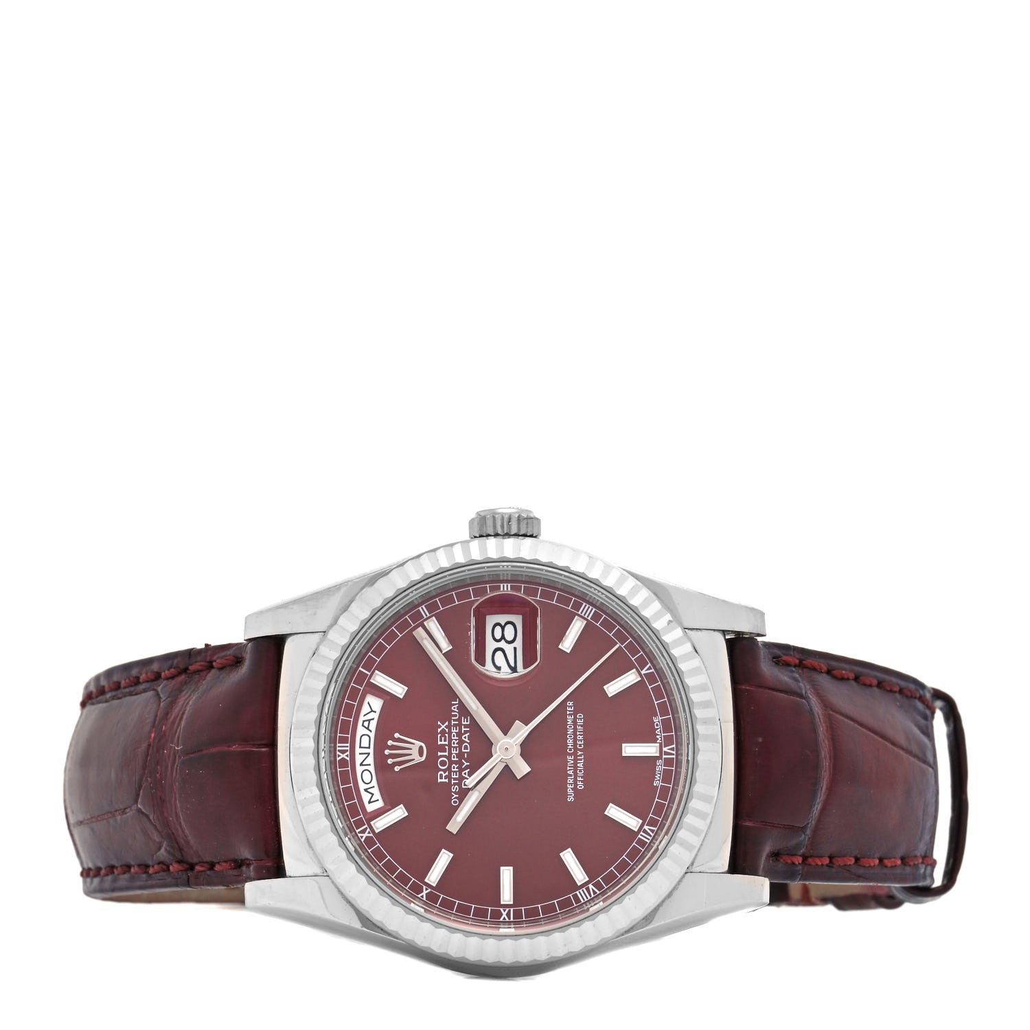 Rolex Stainless Steel 18K White Gold Alligator 36mm Day-Date Watch Cherry 118139 2 of 5