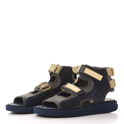 Chanel Goatskin Fabric Flat Sandals 37 Navy Blue Grey Yellow 3 of 8