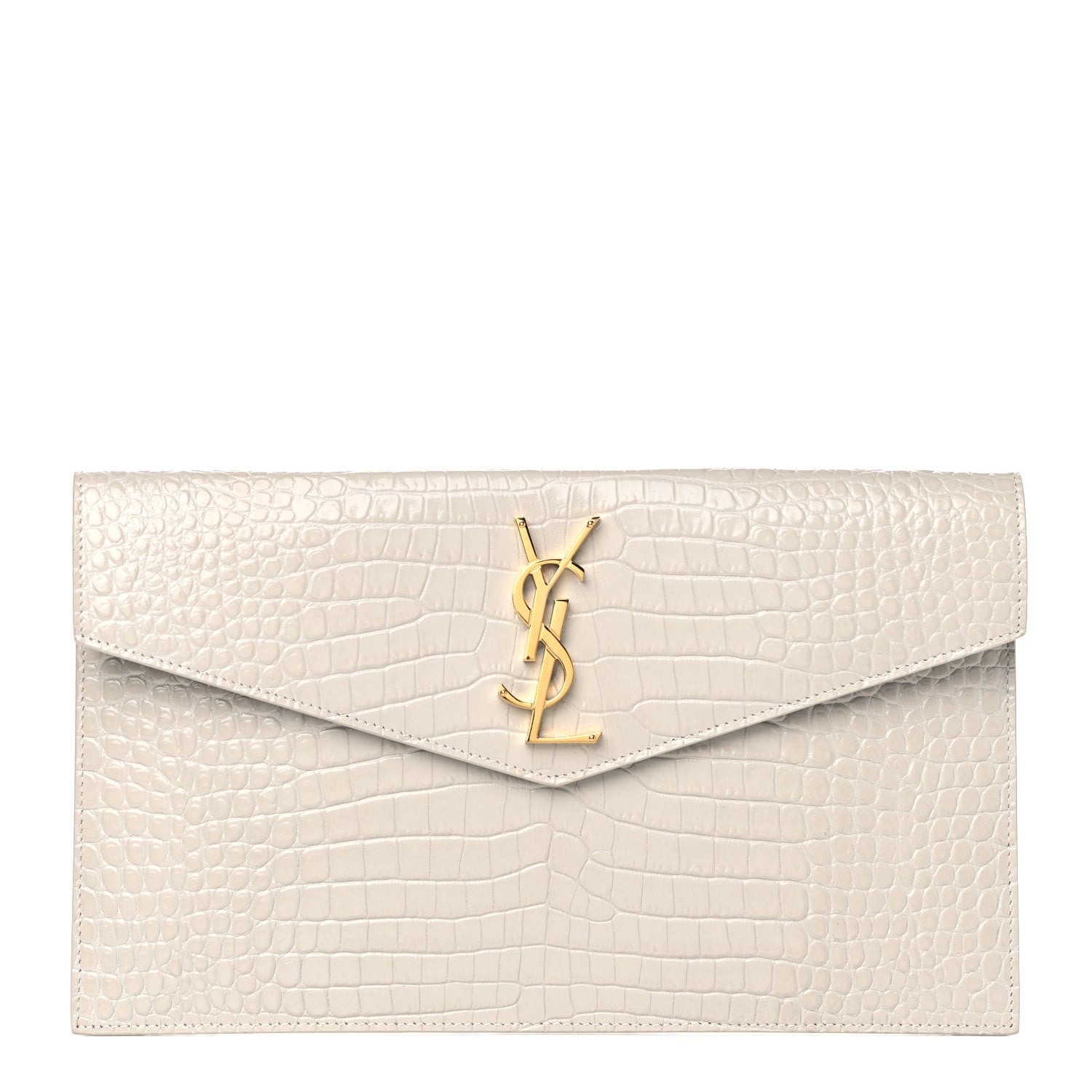 Saint Laurent Calfskin Crocodile Embossed Uptown Monogram Pouch Crema Soft 1 of 10