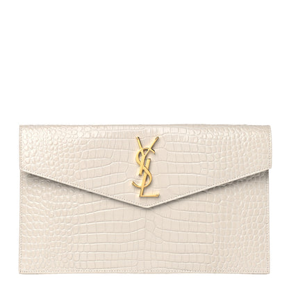 Saint Laurent Calfskin Crocodile Embossed Uptown Monogram Pouch Crema Soft 1 of 10