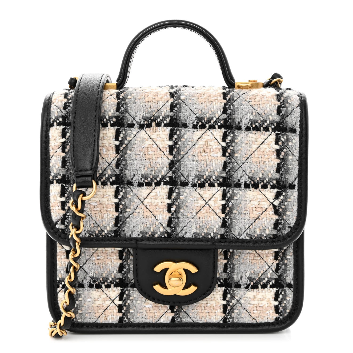 Chanel Tweed Calfskin School Memory Mini Top Handle Flap Ecru Grey Beige Black 1 of 11