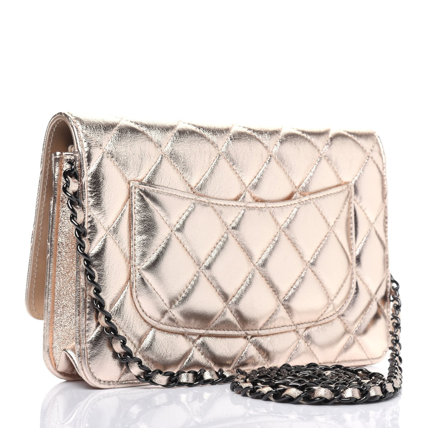 Metallic Lambskin Quilted Wallet On Chain WOC Gold Black