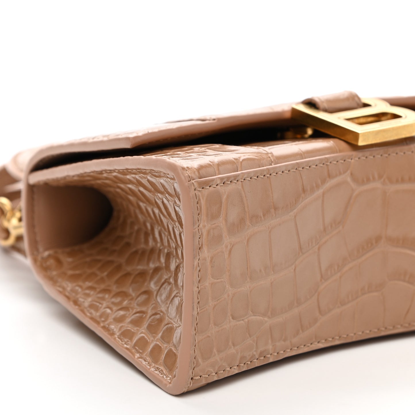Shiny Calfskin Crocodile Embossed Hourglass Top Handle Bag XS Nude Beige