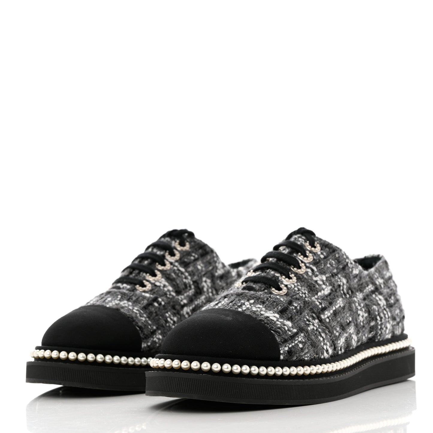 Tweed Grosgrain Pearl Lace Up Sneakers 39.5 Black