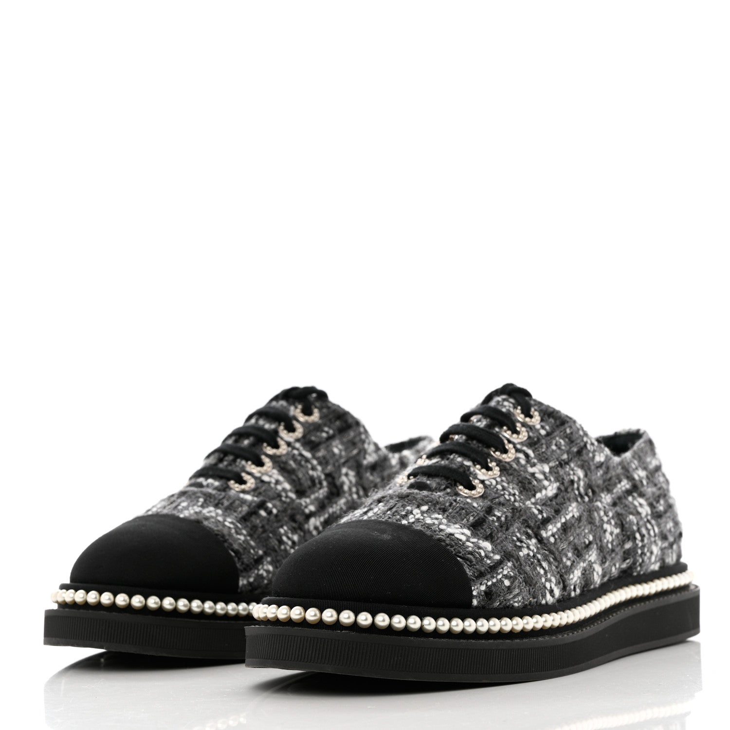 Chanel Tweed Grosgrain Pearl Lace Up Sneakers 39.5 Black 3 of 8