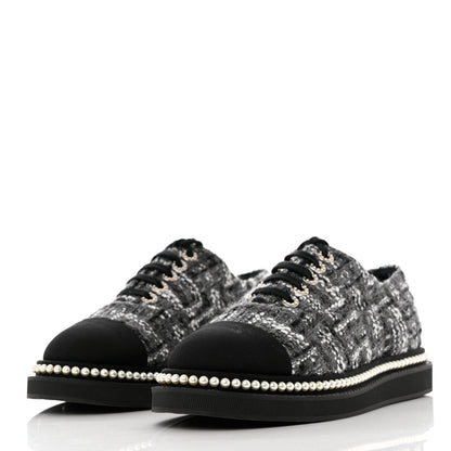 Chanel Tweed Grosgrain Pearl Lace Up Sneakers 39.5 Black 3 of 8