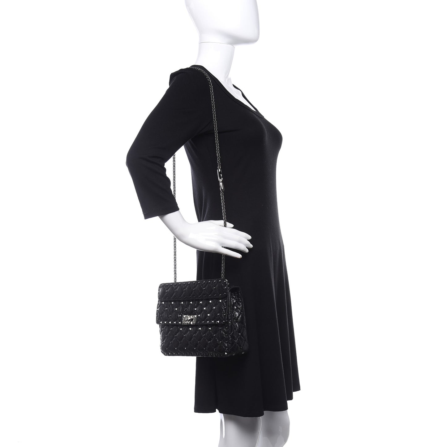 Craquele Nappa Medium Rockstud Spike Shoulder Bag Black