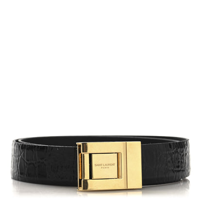 Saint Laurent Calfskin Crocodile Embossed Square Buckle Belt 75 30 Black 1 of 6