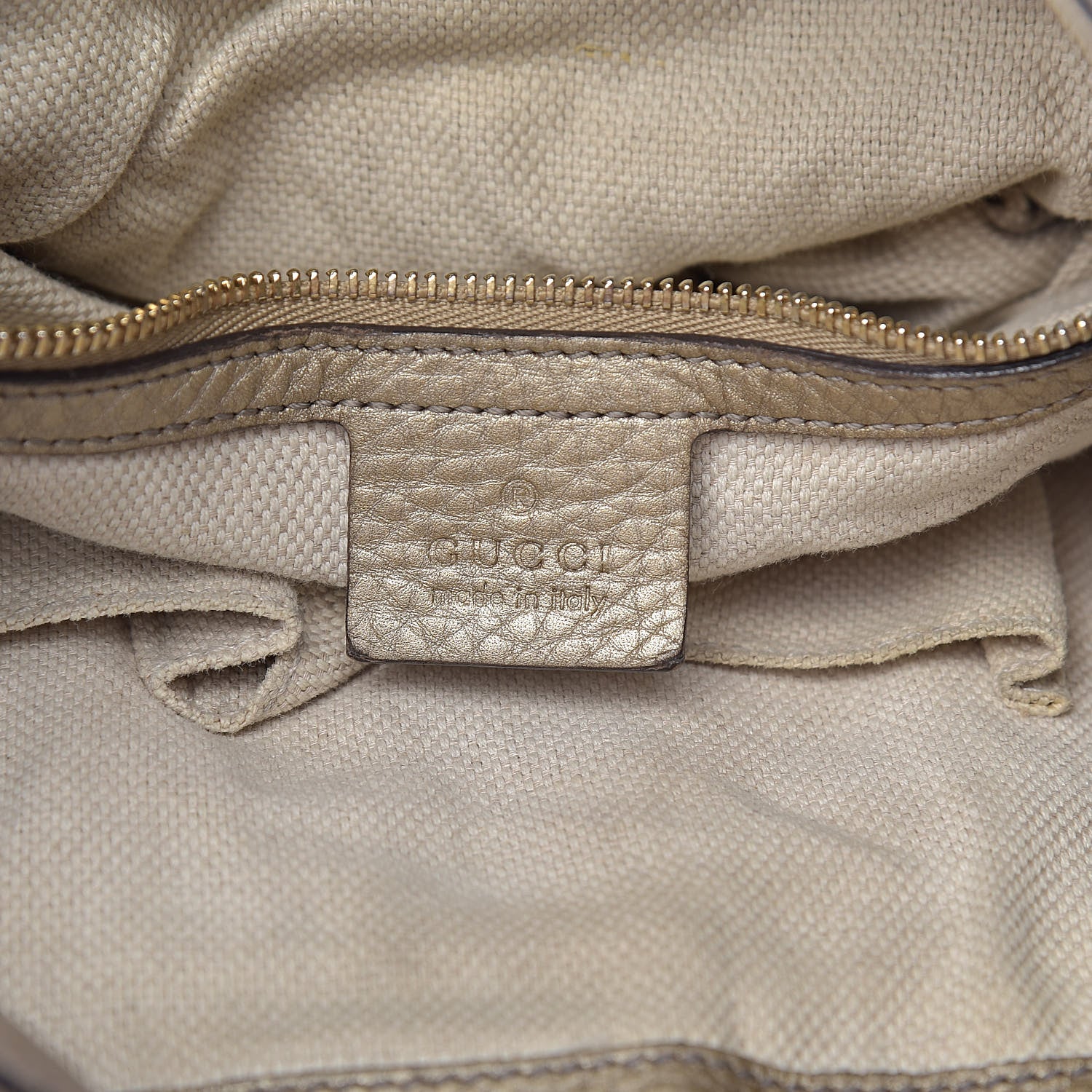 Gucci Metallic Pebbled Calfskin Medium Soho Chain Shoulder Bag Golden Beige 6 of 13