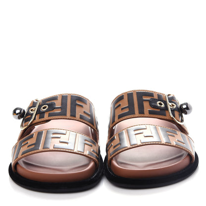 Fendi Calfskin FF Embossed Pearland Slide Sandals 37 Tobacco Moro 5 of 11