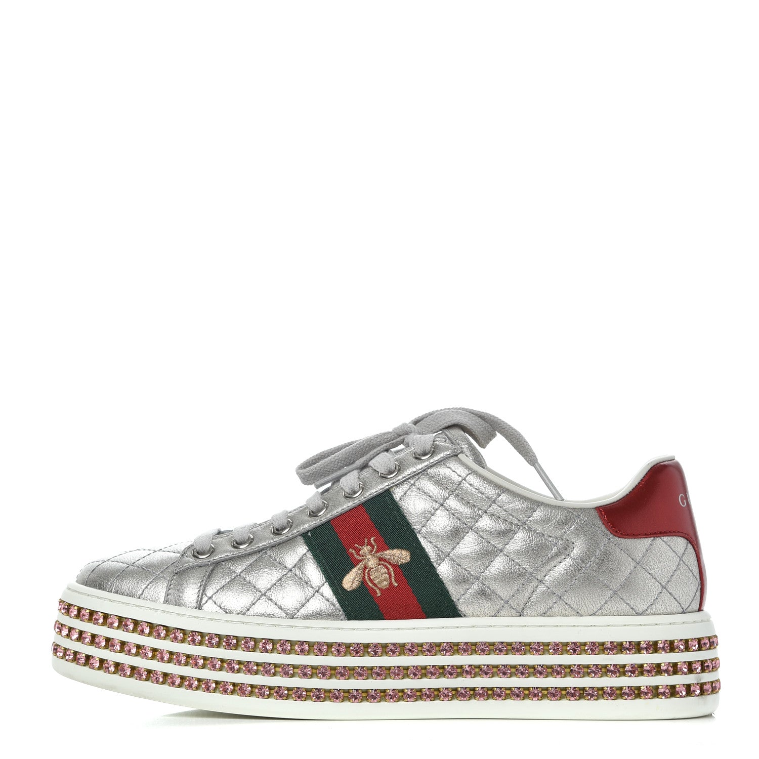 Gucci Laminated Nappa Crystal Web Bee Embroidered Trapuntata Womens Ace Platform Sneakers 36.5 Argento 1 of 21