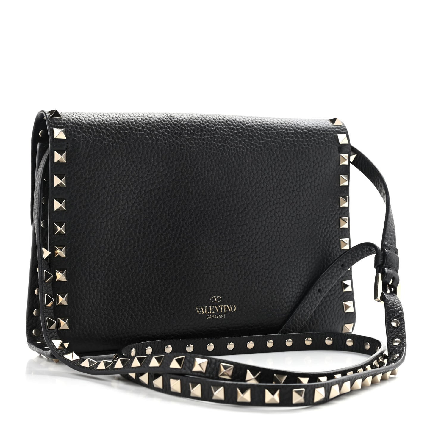 Pebbled Calfskin Medium Rockstud Flip Lock Crossbody Bag Black