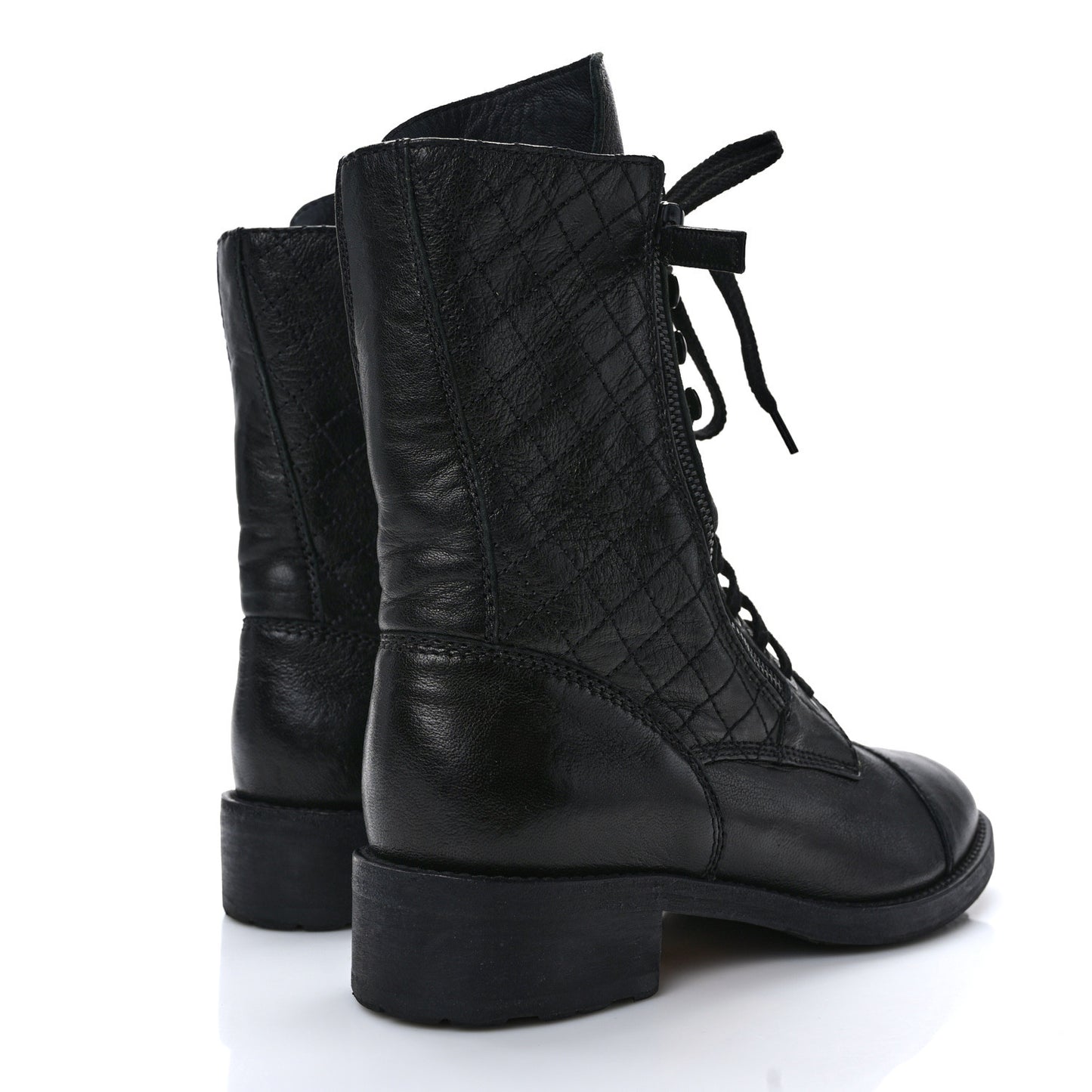 Calfskin Quilted Lace Up Combat Boots 38.5 Black