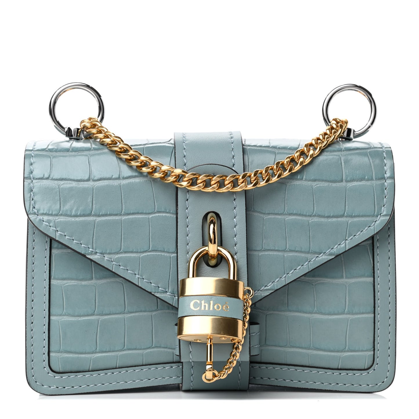 Calfskin Crocodile Embossed Mini Aby Chain Shoulder Bag Faded Blue