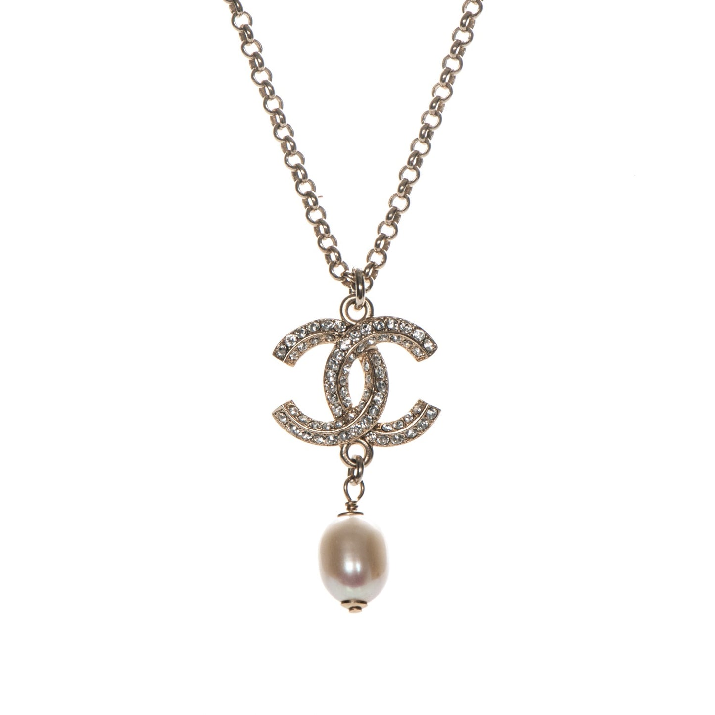 Pearl Crystal CC Drop Necklace Gold