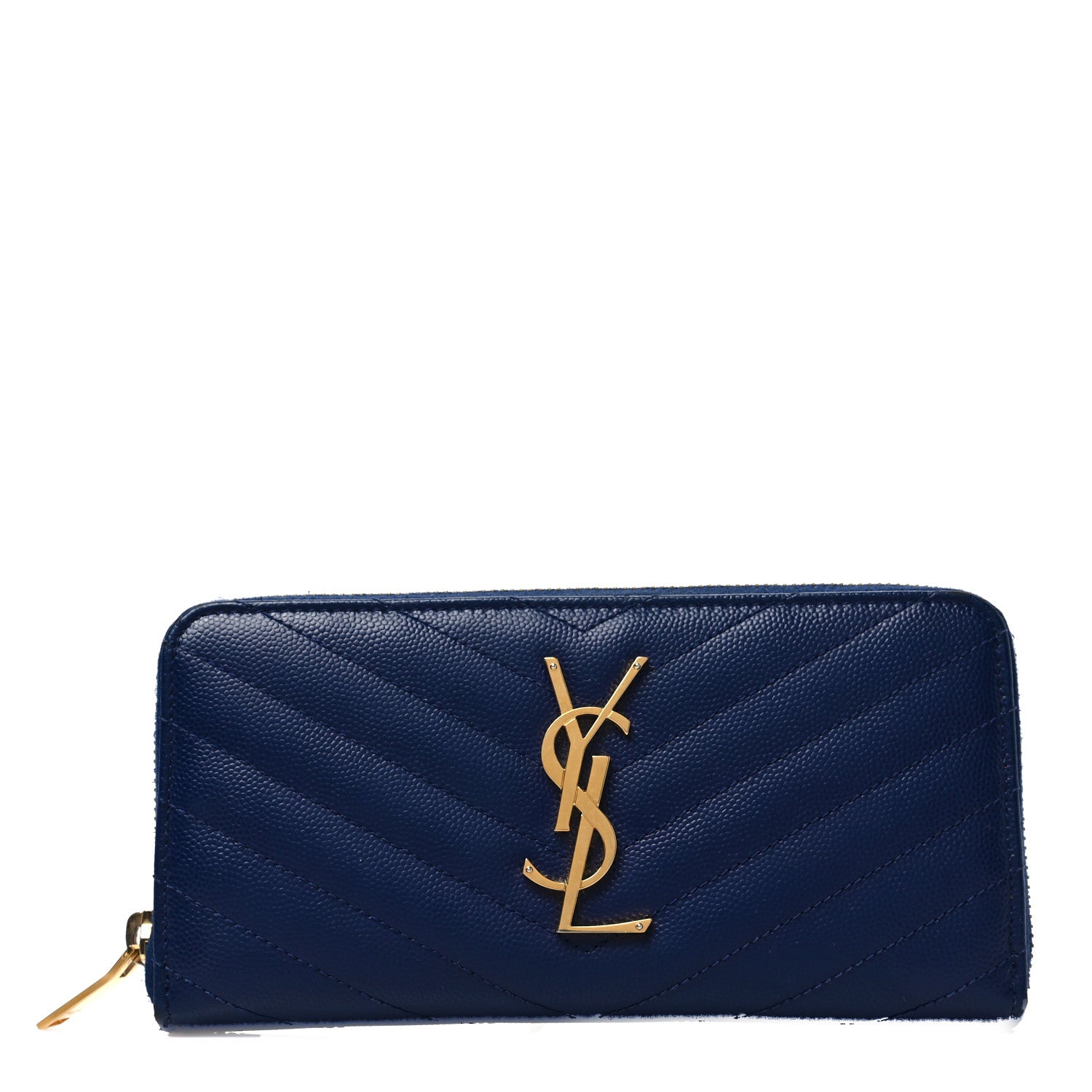 Saint Laurent Grain De Poudre Matelasse Chevron Monogram Zip Around Wallet Deep Marine 1 of 7