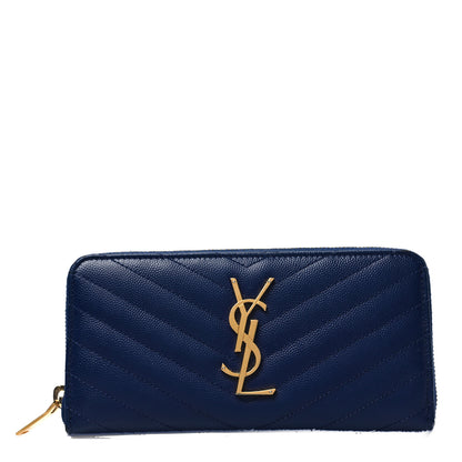 Saint Laurent Grain De Poudre Matelasse Chevron Monogram Zip Around Wallet Deep Marine 1 of 7
