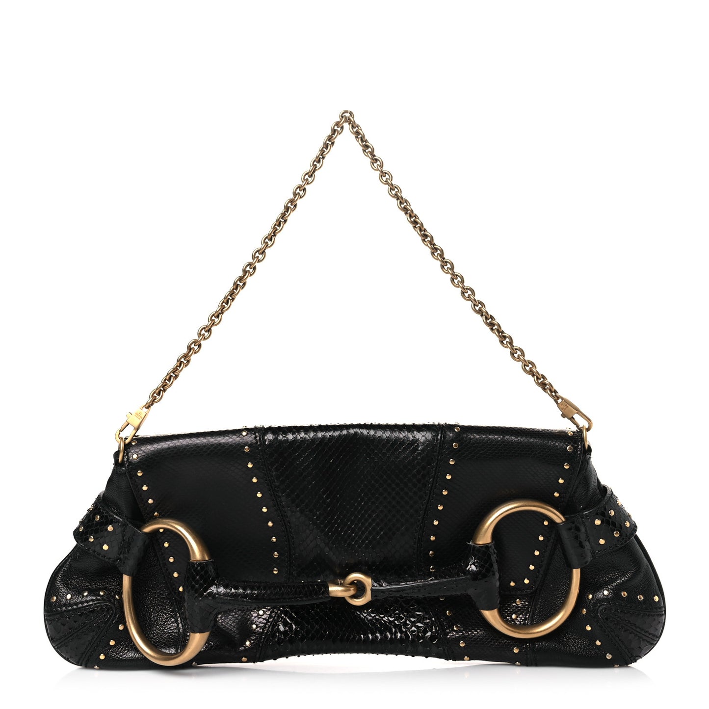 Snakeskin Studded Horsebit Chain Clutch Black