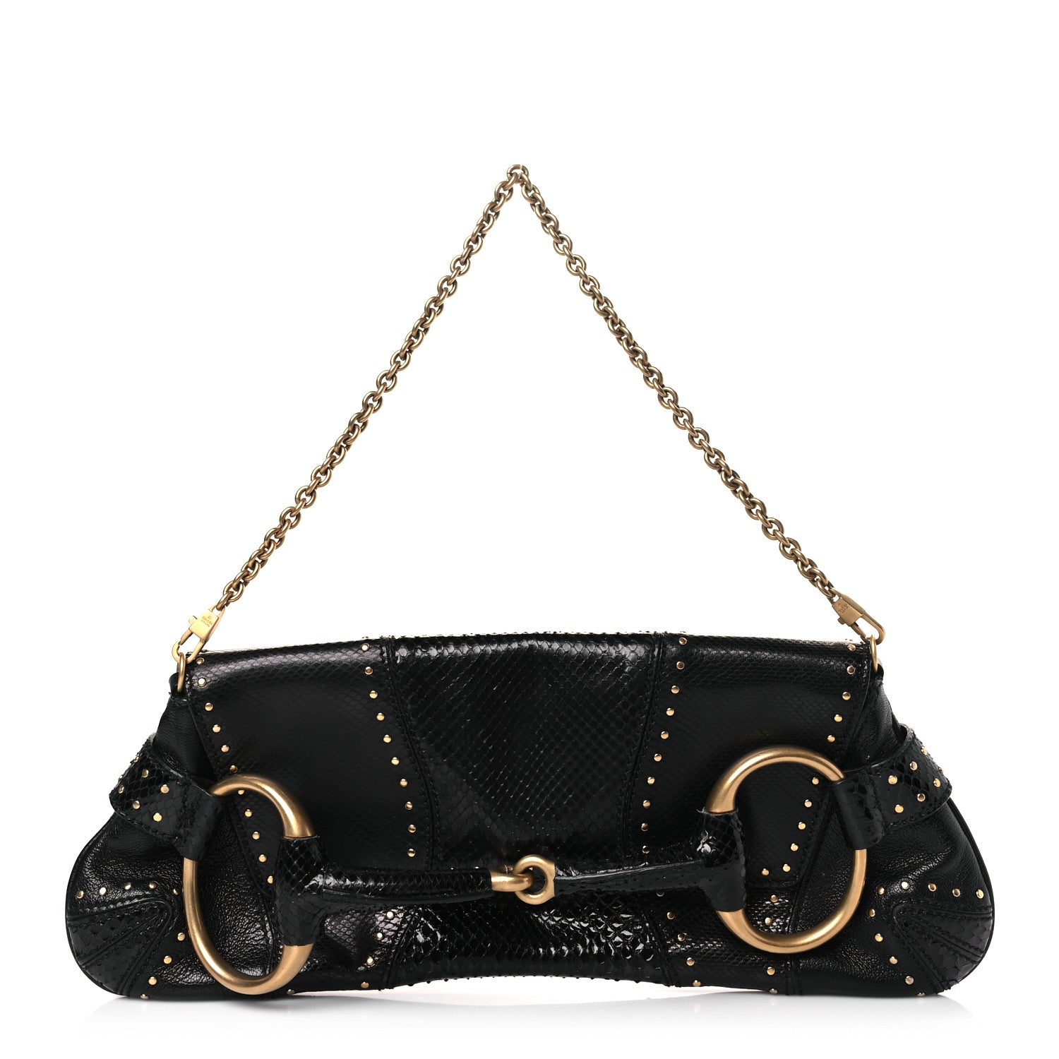 Gucci Snakeskin Studded Horsebit Chain Clutch Black 1 of 9